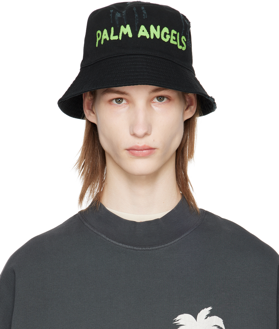 Shop Palm Angels Black Logo Bucket Hat In Black Green Fl
