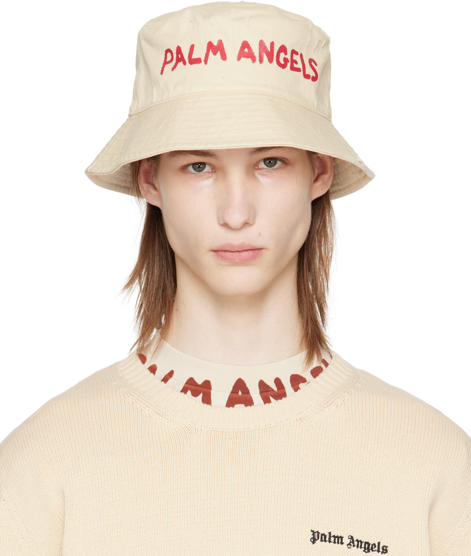 Shop Palm Angels Off-white Logo Bucket Hat In Off White Red