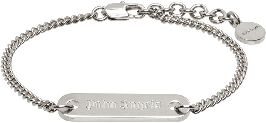 Shop Palm Angels Silver Logo Plate Bracelet In Silver Black
