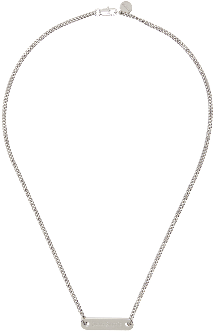 Shop Palm Angels Silver Logo Plate Necklace In Silver Black