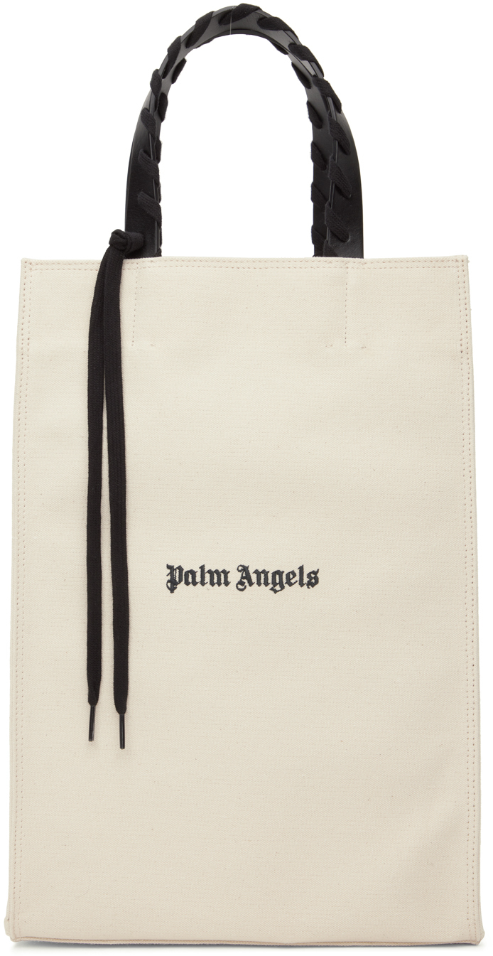 Shop Palm Angels Off-white Canvas Logo Tote In Natural Black