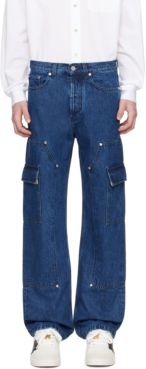 Shop Palm Angels Indigo Monogram Workwear Jeans In Indigo Blu