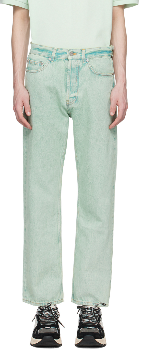 Shop Palm Angels Green Overdye Jeans In Mint Off White