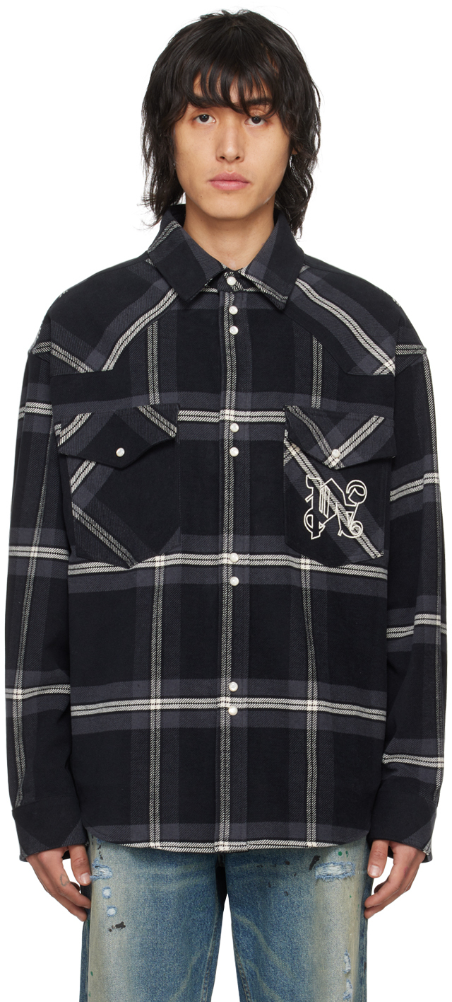 Shop Palm Angels Gray Monogram Check Shirt In Anthracite Off