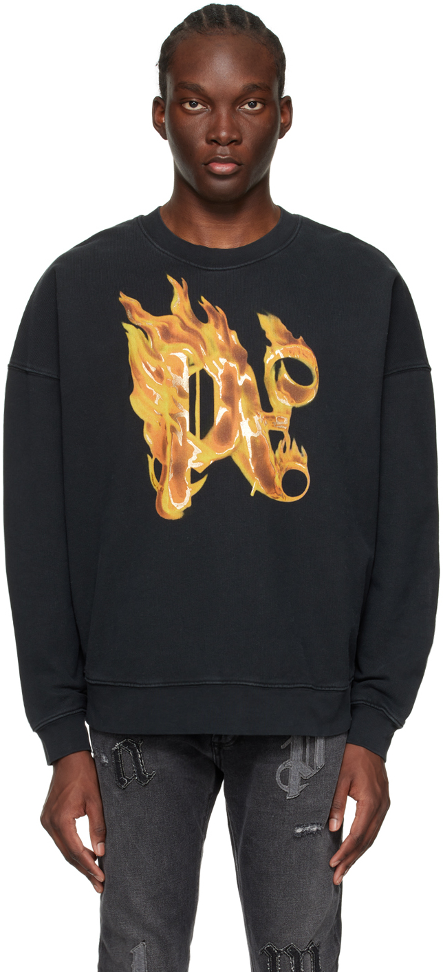 Shop Palm Angels Black Burning Monogram Sweatshirt In Black Gold