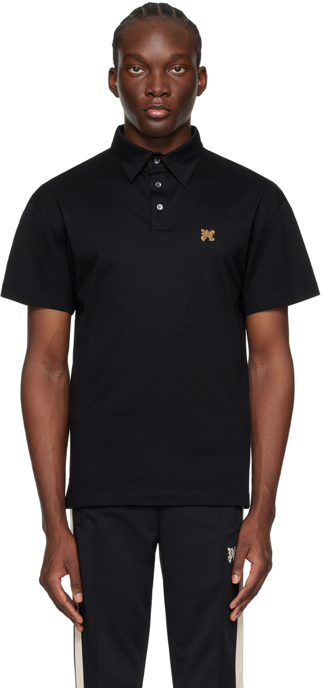 Shop Palm Angels Black Monogram Pin Polo In Black Gold