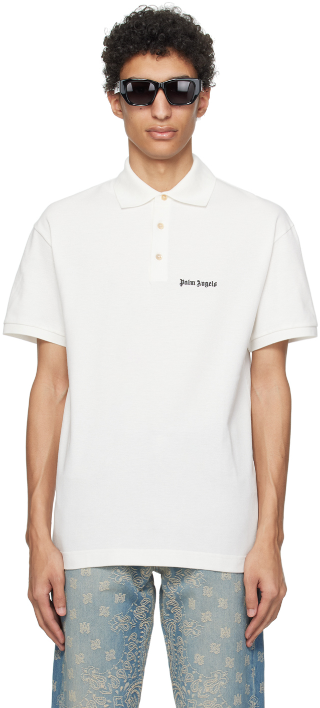 Palm Angels Off-white Embroidered Polo In Off White Black