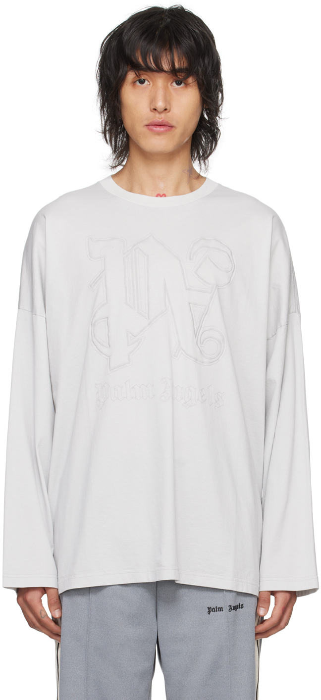 Palm Angels Gray Monogram Long Sleeve T-shirt In Light Grey