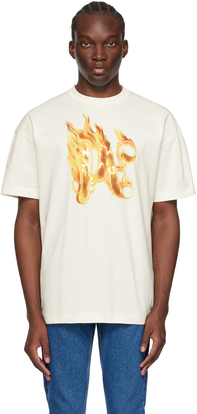 Shop Palm Angels Off-white Burning Monogram T-shirt In Off White