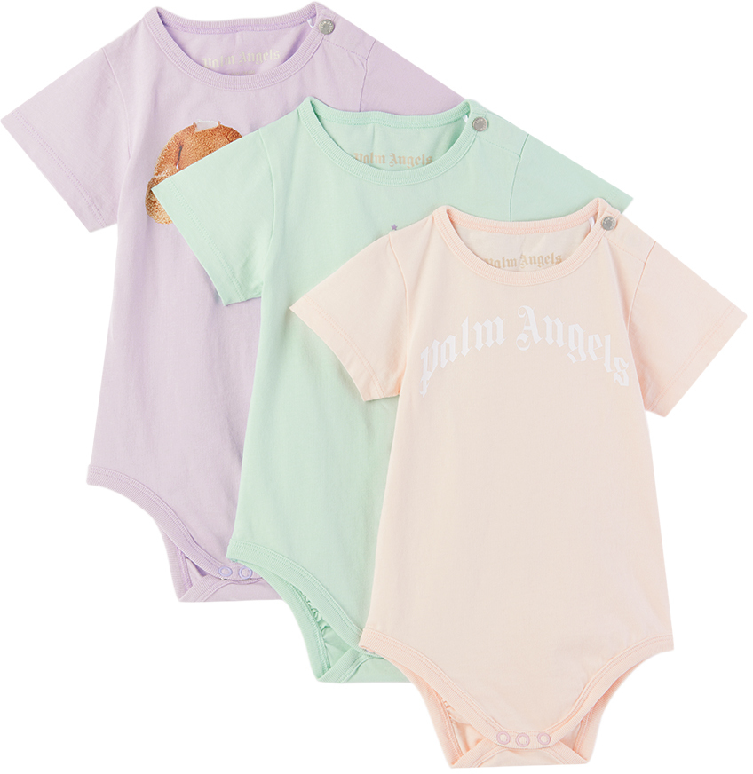 Palm Angels Three-pack Baby Multicolor Printed Bodysuits In Light Lilac Brown