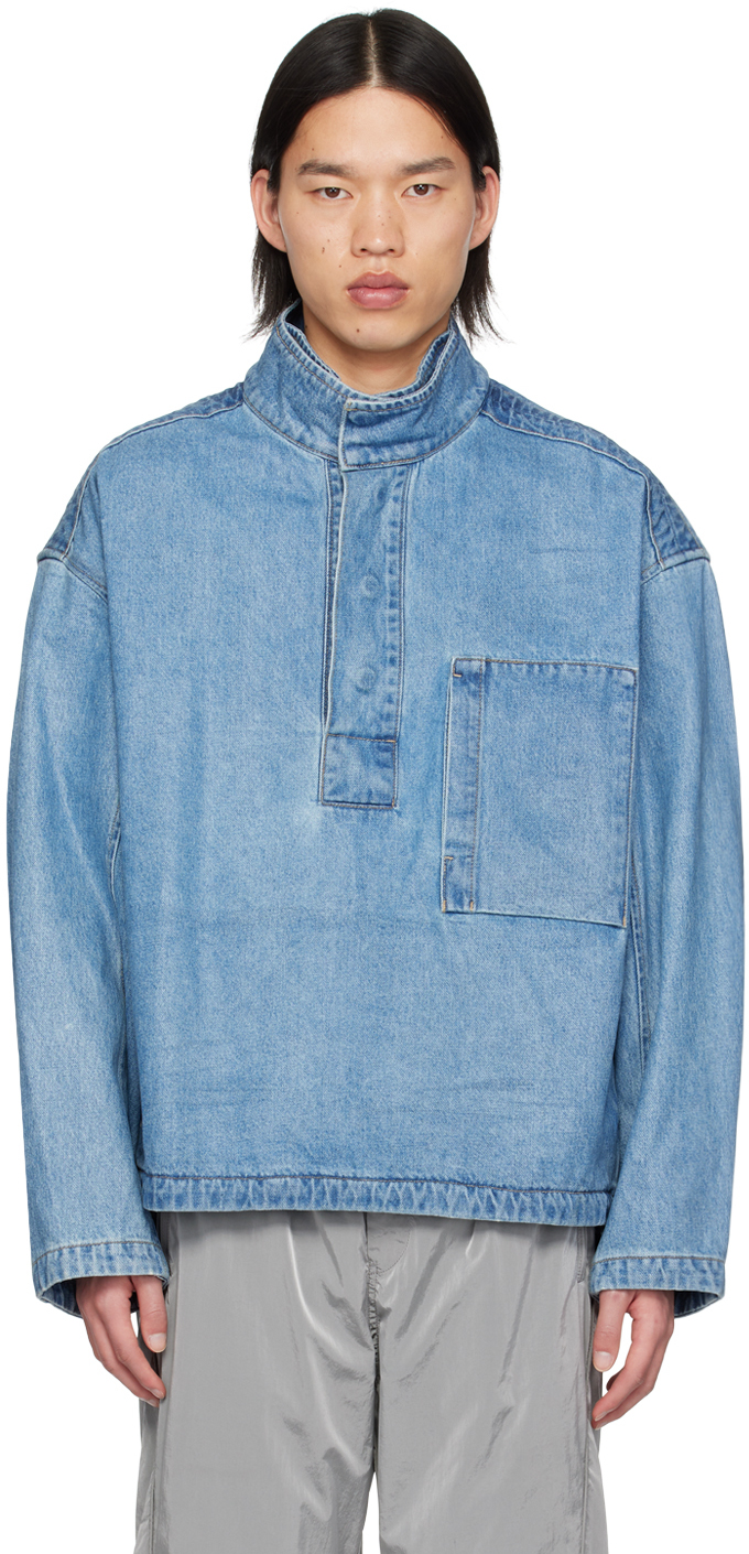 Wooyoungmi Blue High-neck Denim Jacket In 973l Blue