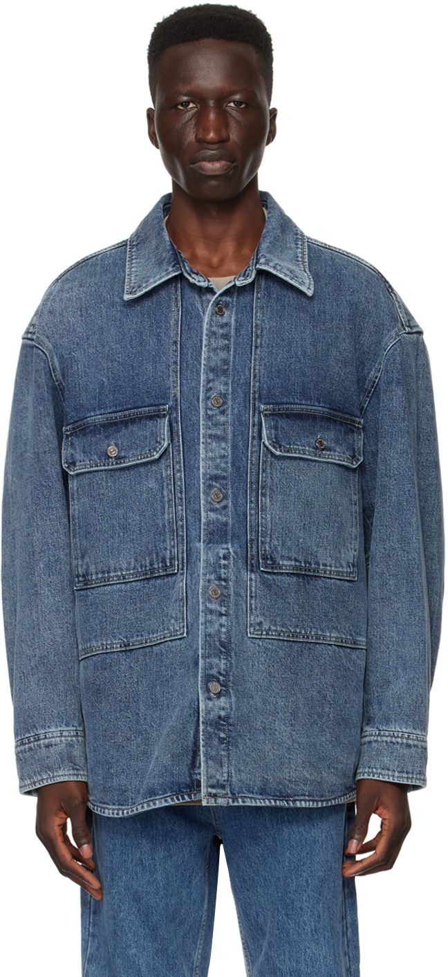 Blue Pocket Denim Shirt by WOOYOUNGMI on Sale