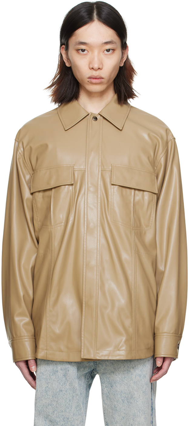 Beige Paneled Faux-Leather Shirt
