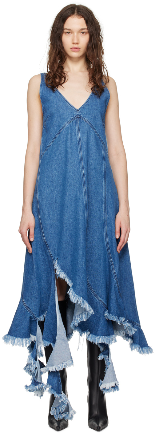 Blue Frayed Denim Midi Dress