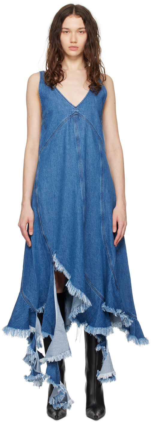 Marques Almeida: Blue Frayed Denim Midi Dress | SSENSE