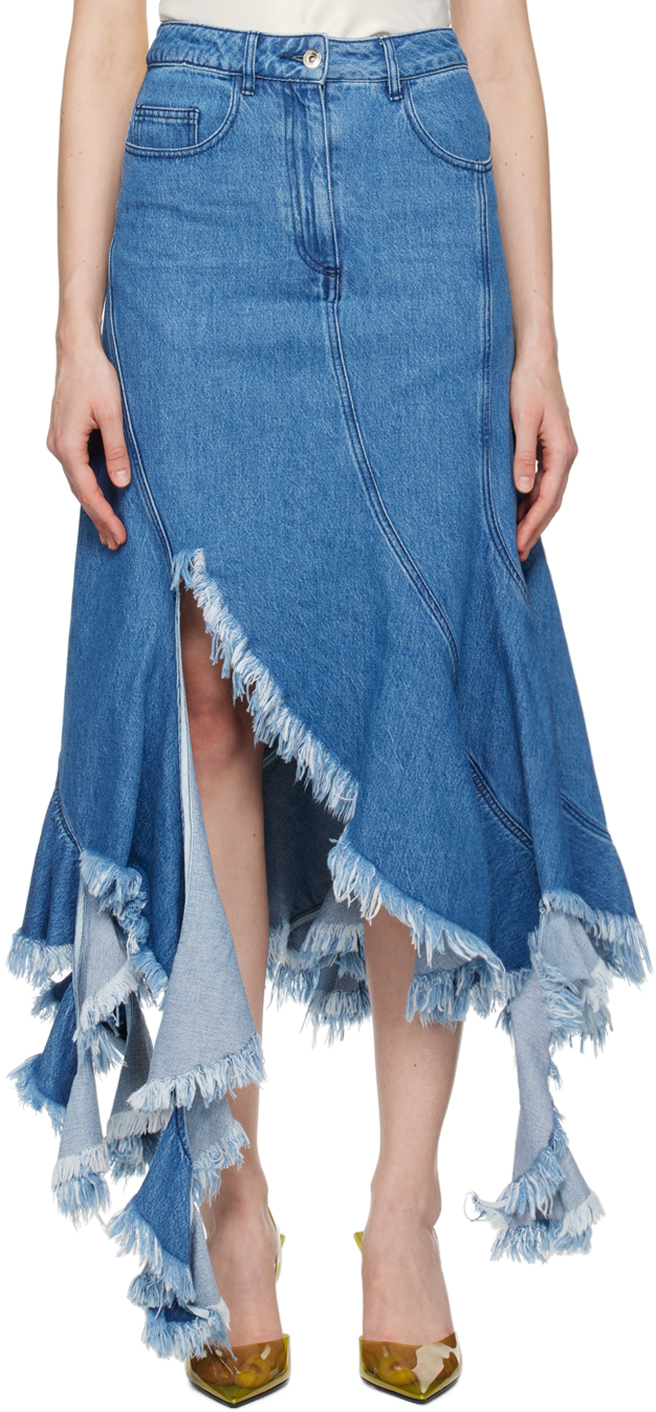 Blue Frayed Denim Midi Skirt
