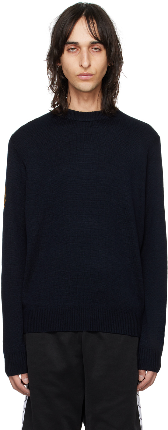 Fred Perry Navy Laurel Wreath Sweater In 608 Navy