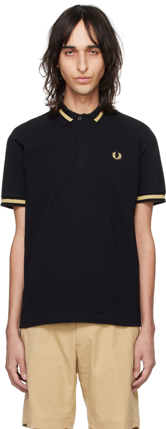 Fred Perry Black Embroidered Polo In 157 Black/champagne