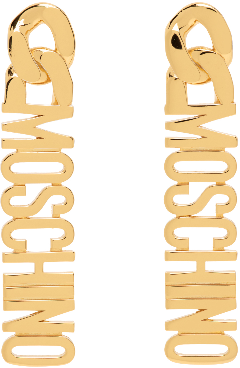 Shop Moschino Gold Logo Lettering Pendant Earrings In A0606 Shiny Gold