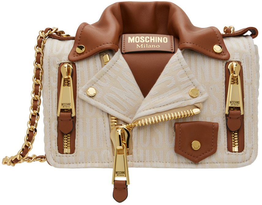 Shop Moschino Beige & Brown Logo Moto Bag In A3006 Ivory