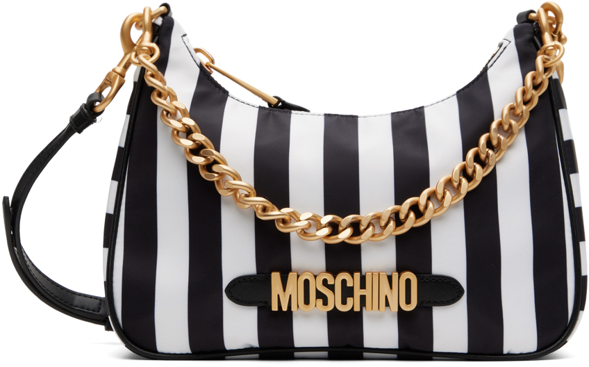 Moschino Black & White Striped Logo Shoulder Bag In B1888 Fantasy Print