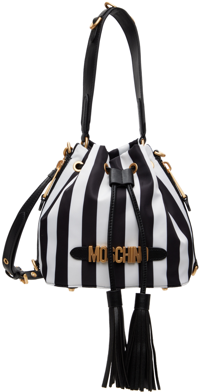 Moschino Black & White Striped Logo Shoulder Bag In B1888 Fantasy Print