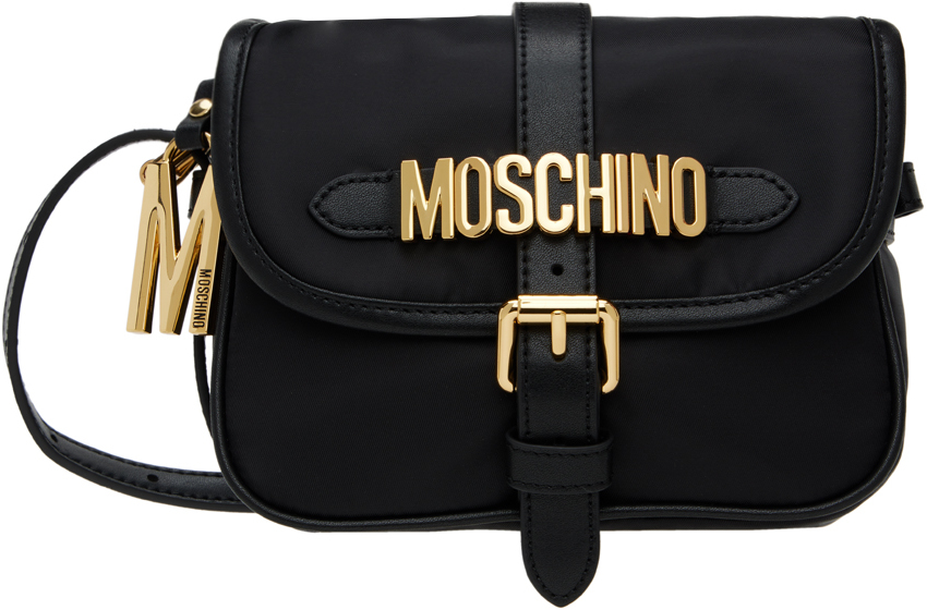 Moschino: Black Lettering Logo Nylon Crossbody Bag | SSENSE