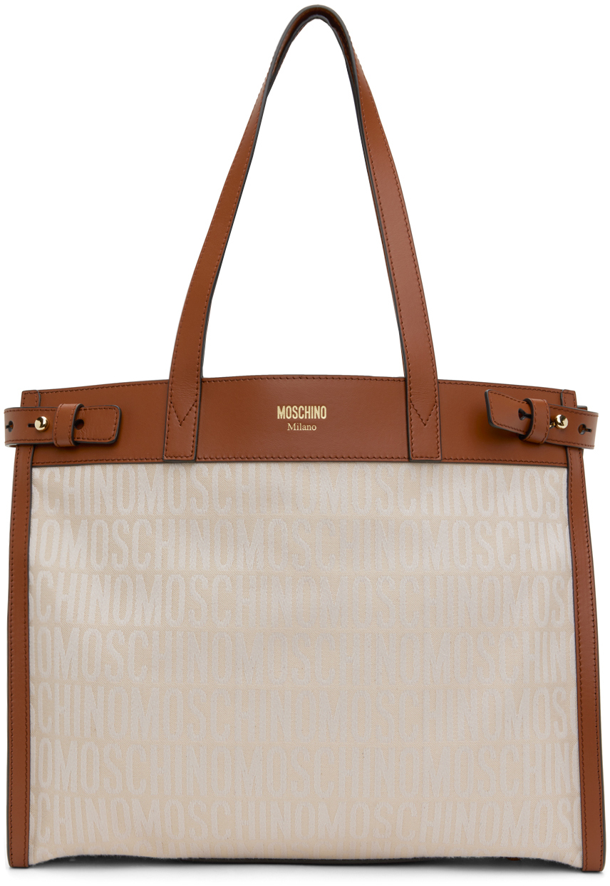 Shop Moschino Beige & Brown Logo Tote In A3006 Ivory
