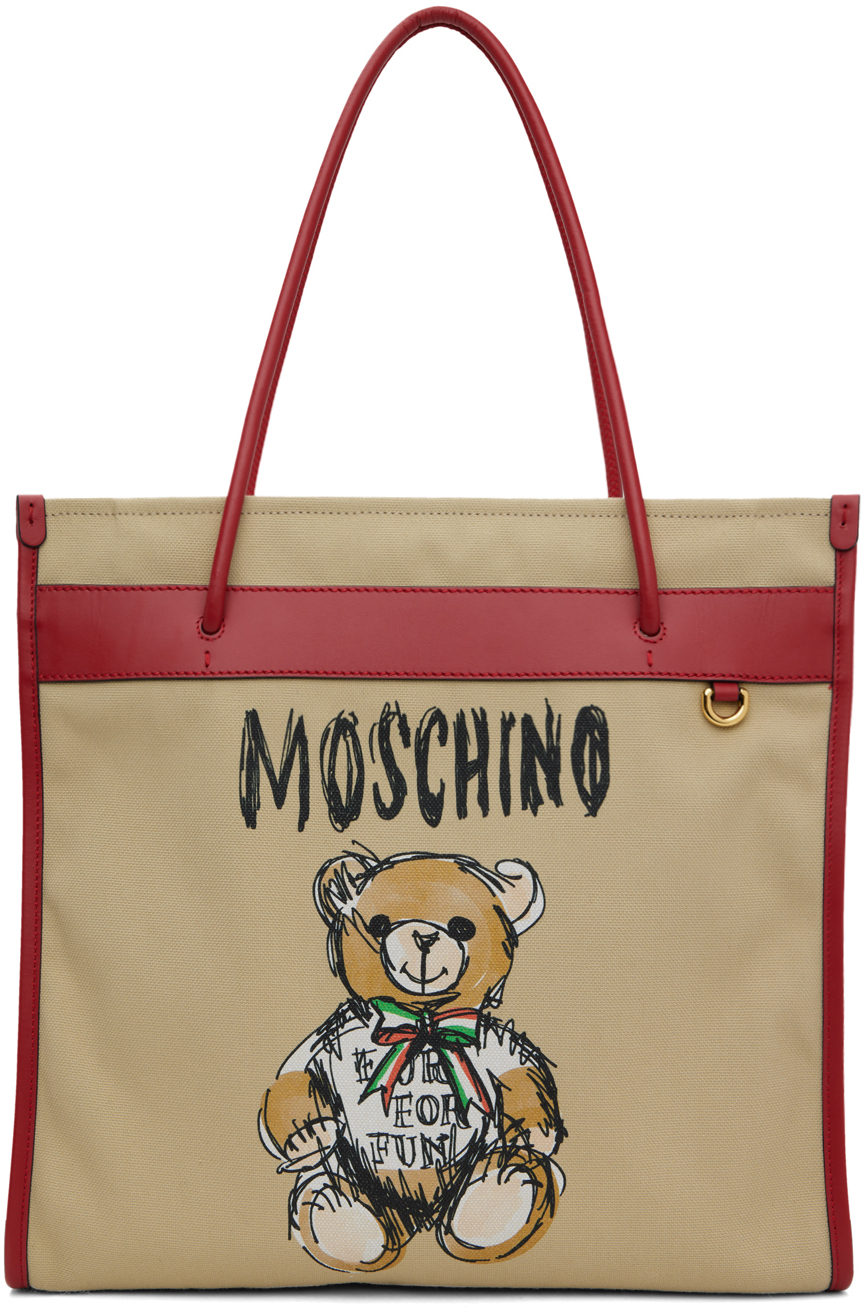 Moschino Beige Drawn Teddy Bear Canvas Shopper Tote In A3081 Fantasy Beige