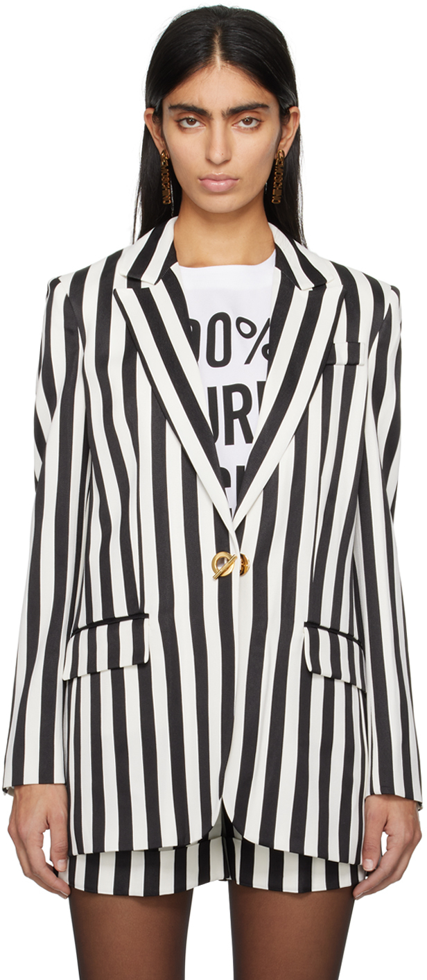 Shop Moschino Black & White Striped Blazer In A1555 Fantasy Black