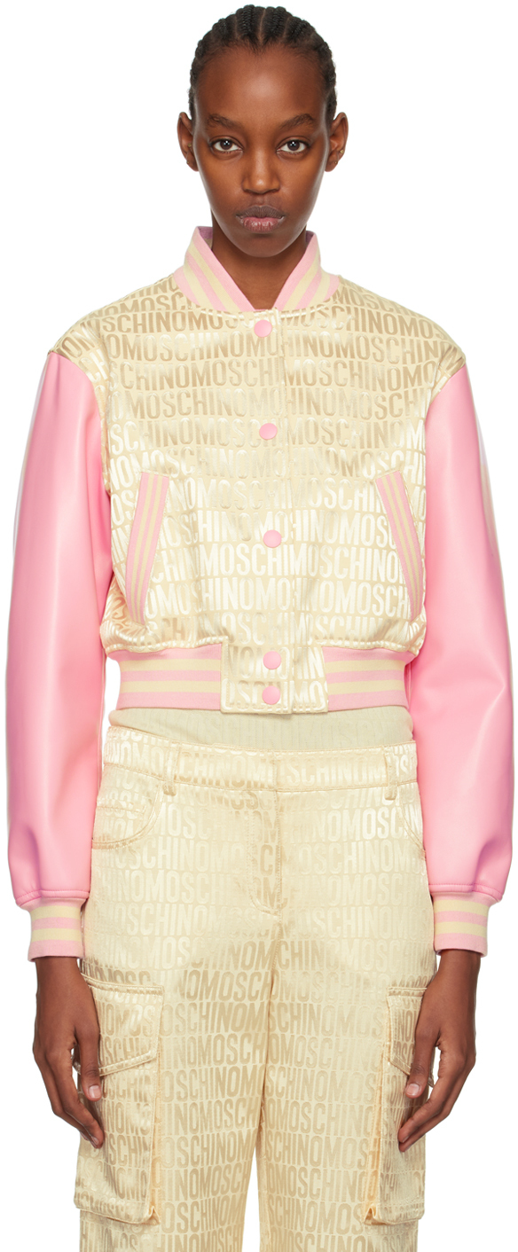 Shop Moschino Beige & Pink Jacquard Bomber Jacket In A3006 Ivory
