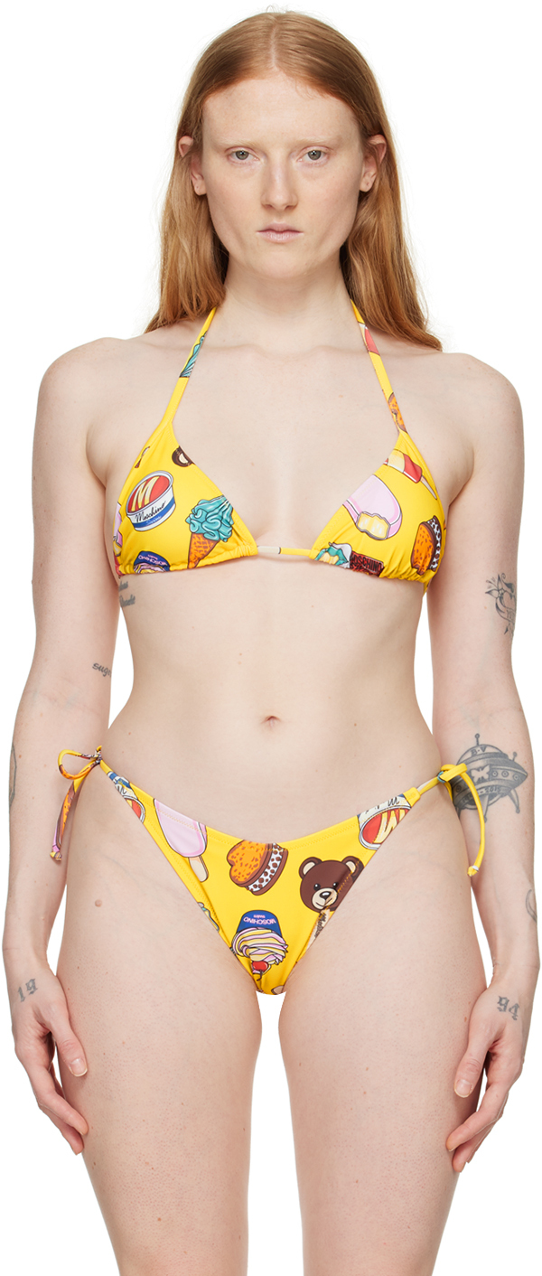 Shop Moschino Yellow Printed Bikini Top In A1028 Yellow