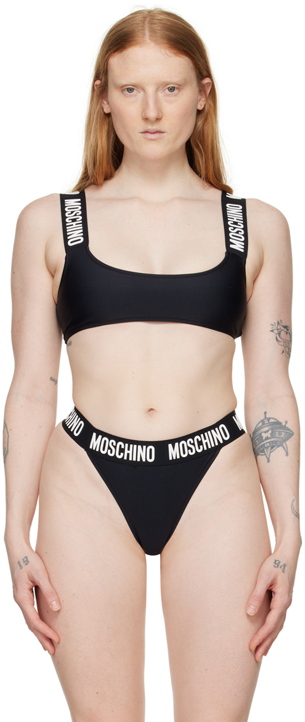 Moschino Logo Tape Scoop-neck Bikini Top In A0555 Black