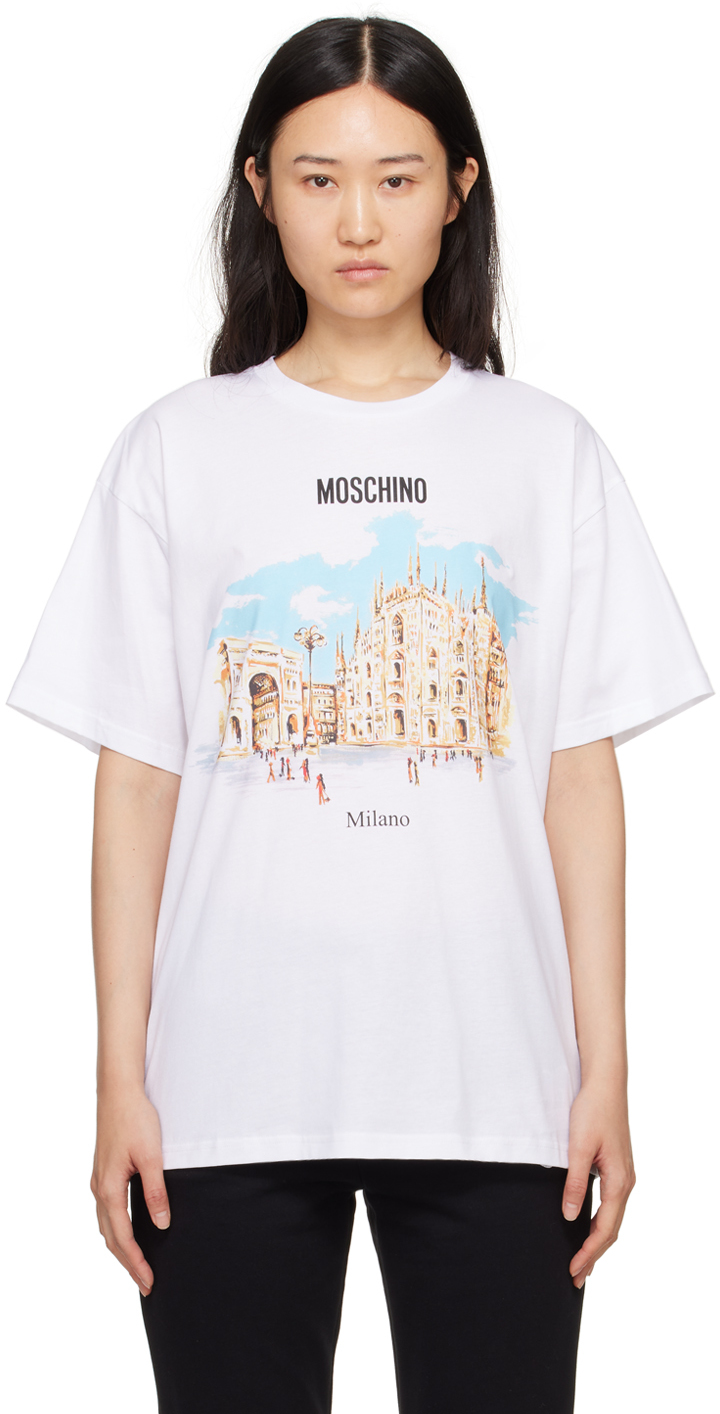 Shop Moschino White Printed T-shirt In A1001 Fantasy White