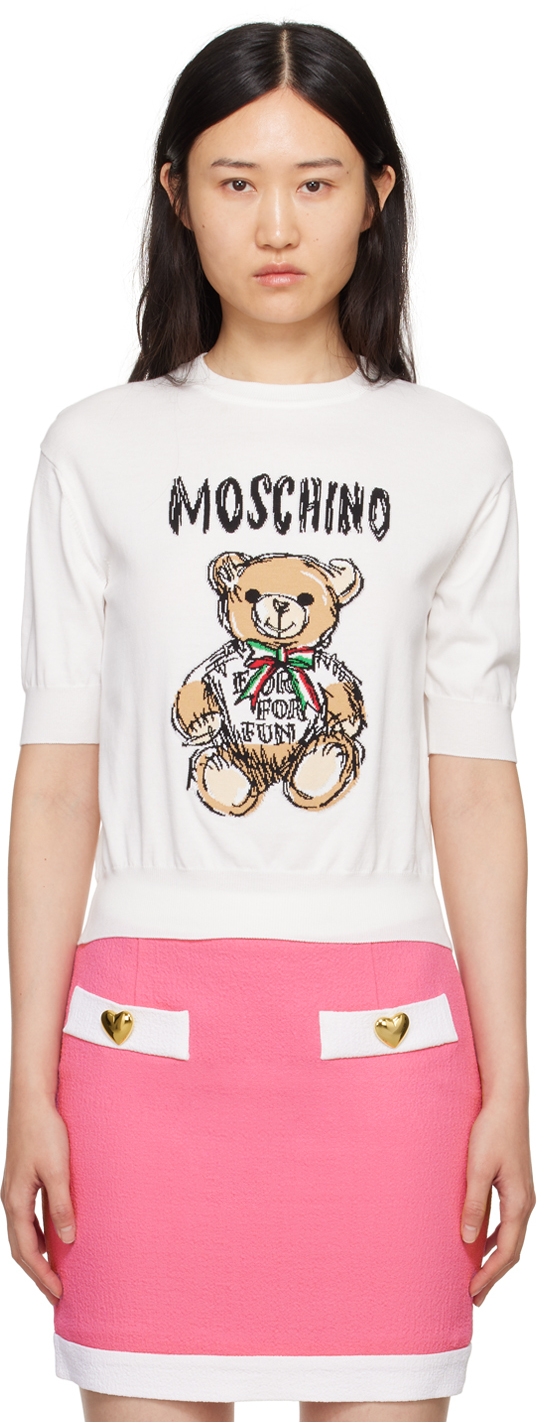 Moschino White Archive Teddy Bear Sweater In A5002 Fantasy White