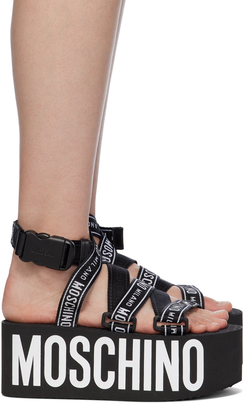 Black Logo Tape Wedge Platform Flat Sandals