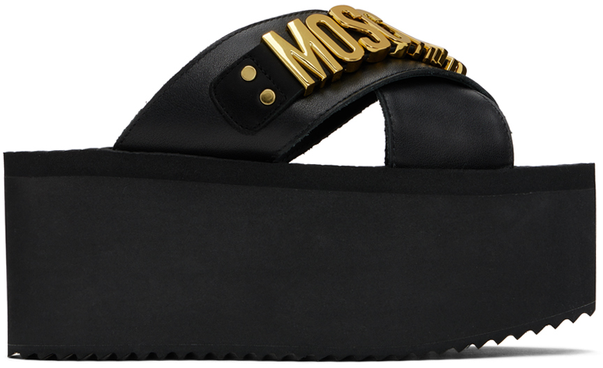 Shop Moschino Black Lettering Logo Wedge Sandals In 000 * Nero