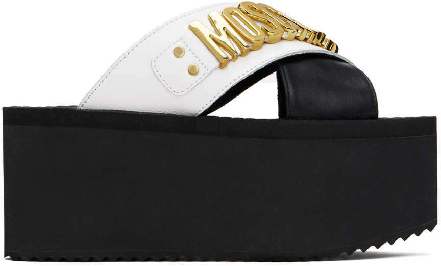 Moschino Black & White Lettering Logo Wedge Sandals In 00a * Fantasy Color