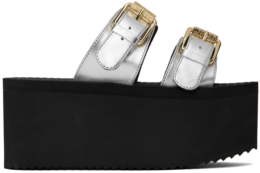 Moschino Silver Lettering Logo Laminated Wedge Sandals In Black