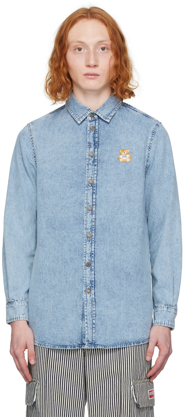 Shop Moschino Blue Patch Denim Shirt In V0282 Blue