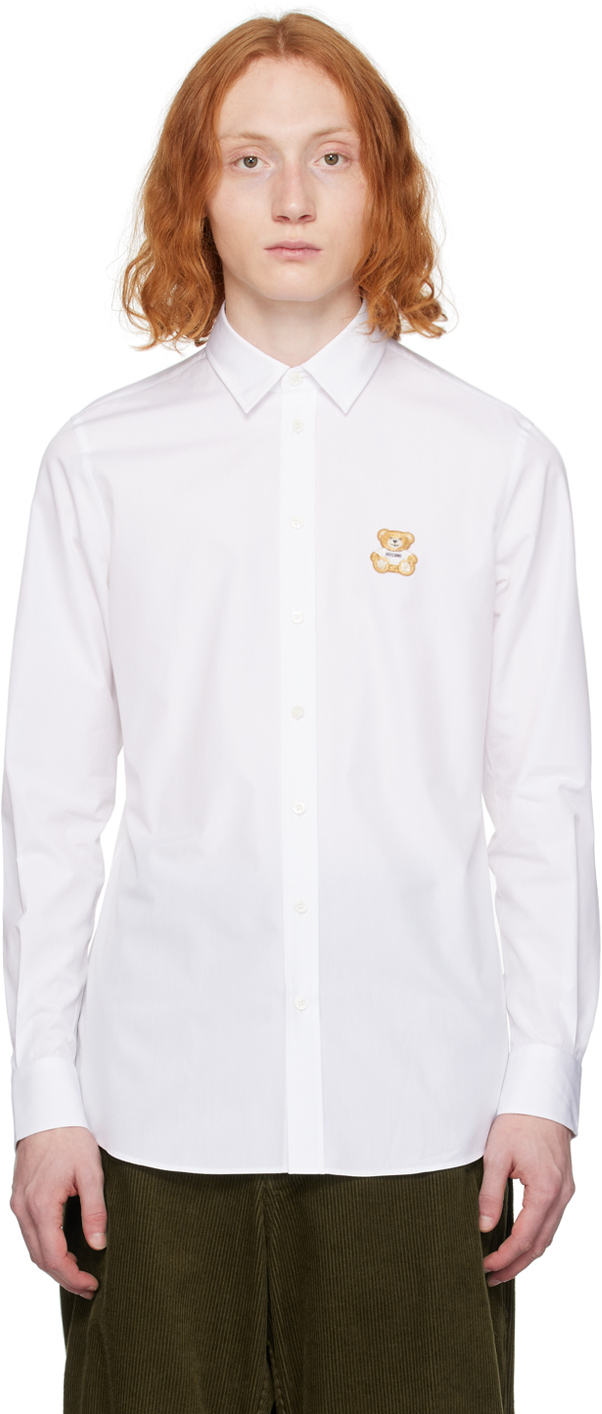 Moschino White Teddy Patch Shirt In A1001 Fantasy Print