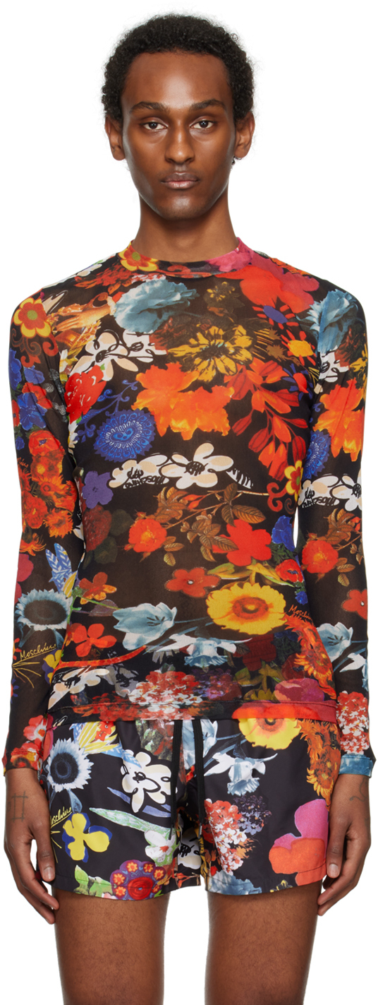 Moschino Multicolor Allover Flowers Long Sleeve T-shirt In Flower Print