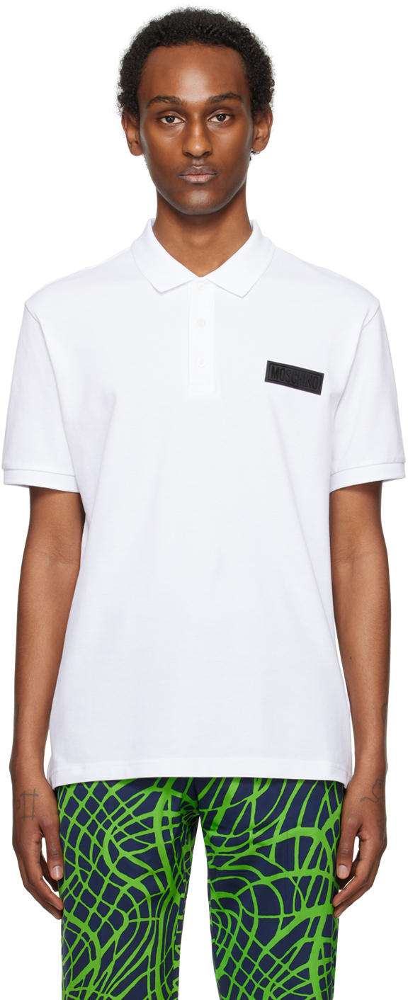 Shop Moschino White Patch Polo In A0001 White