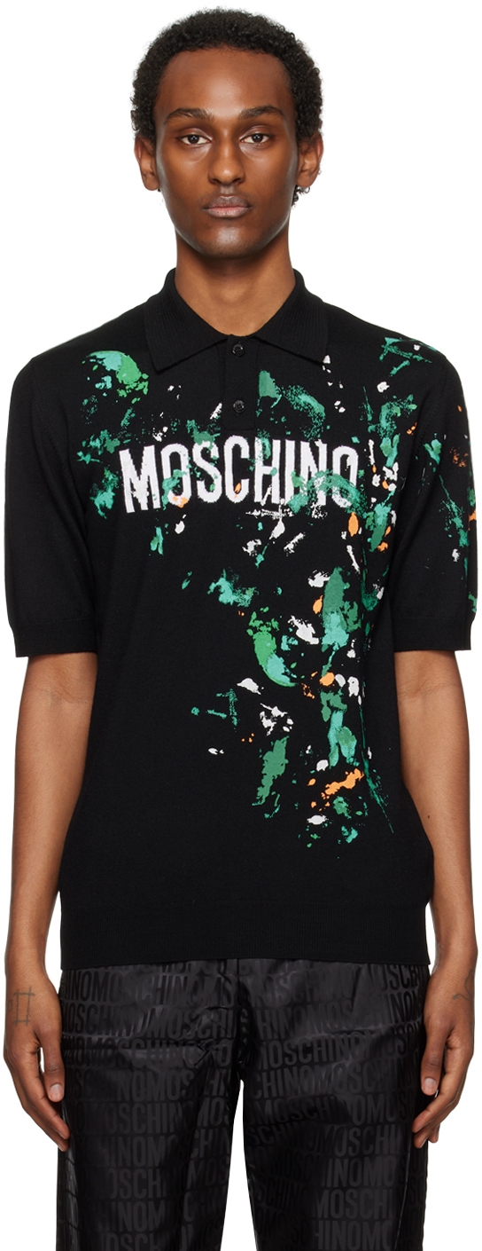 Shop Moschino Black Paint Splatter Polo In A2555 Fantasy Print