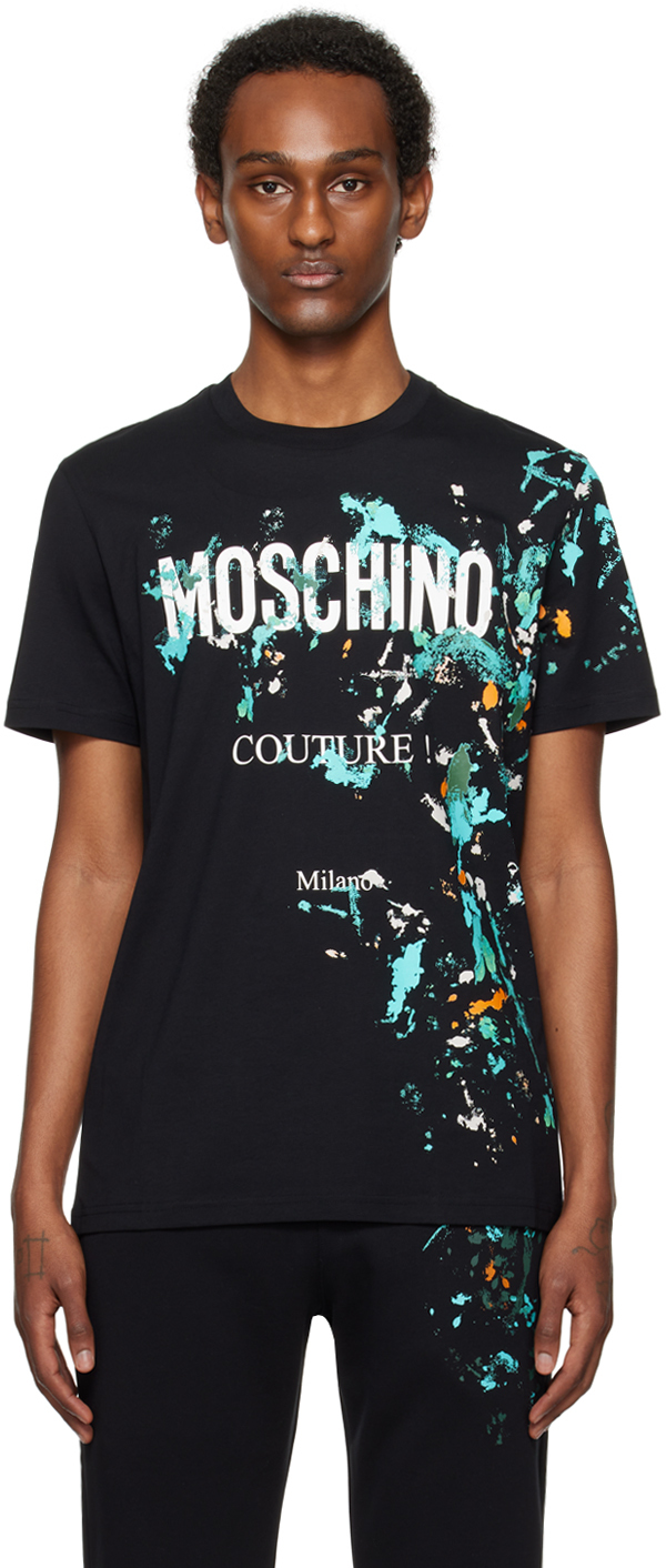 Shop Moschino Black Painted Effect T-shirt In A1555 Fantasy Print