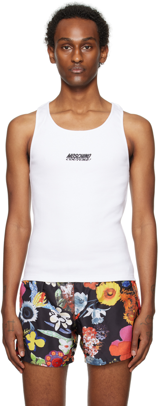 Moschino White Embroidery Tank Top In A1001 Fantasy Print