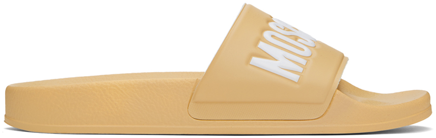 Shop Moschino Beige Rubber Logo Pool Slides In 10a * Fantasy Color
