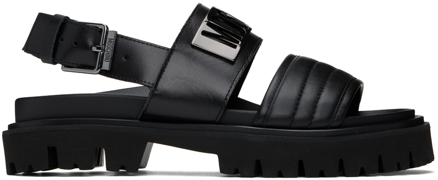 Shop Moschino Black Maxi Logo Plate Calfskin Sandals In 00c * Fantasy Color