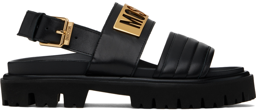 Moschino: Black Maxi Logo Plate Calfskin Sandals | SSENSE
