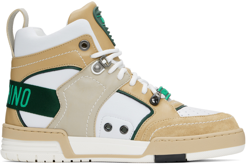 Shop Moschino Beige & White Streetball High-top Sneakers In 10a * Fantasy Color
